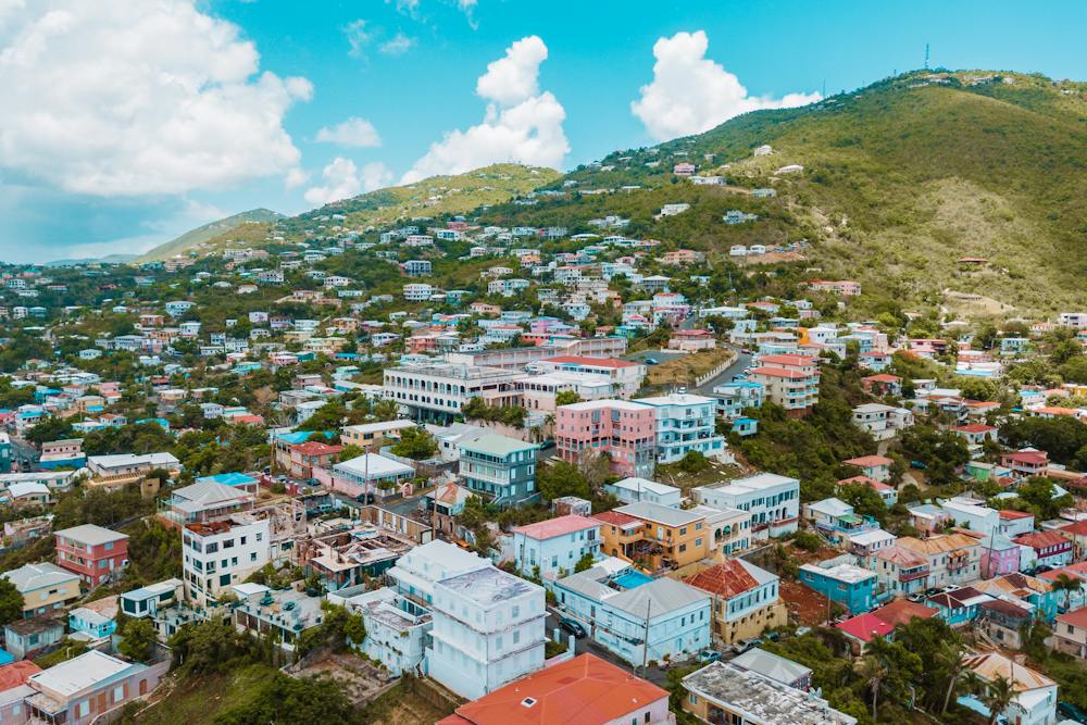 Colourful shopfronts on Kronprindsens Gade in Charlotte Amalie