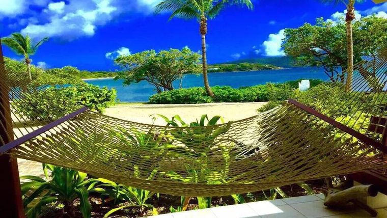 Hammock on the patio framed by palm trees and the beach at this St. Thomas vacation rental in the USVI